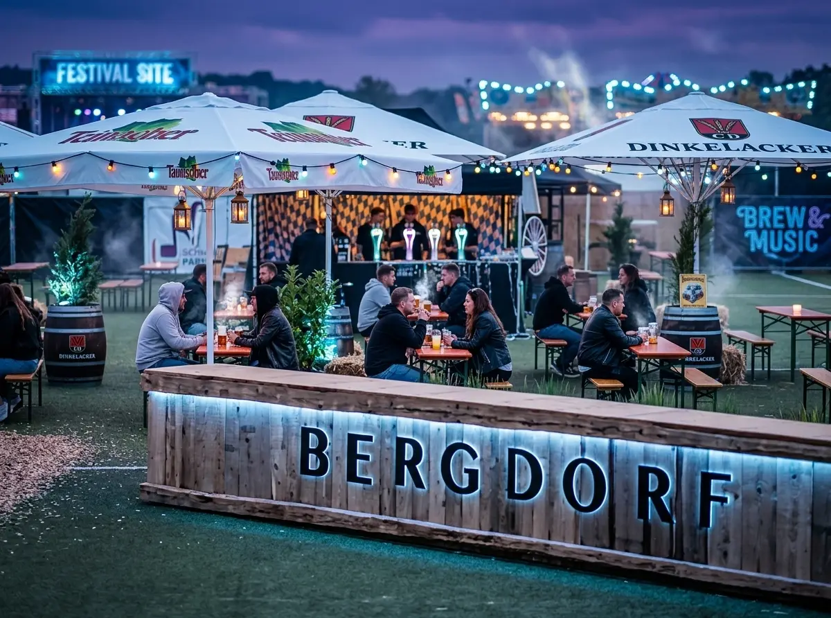 Abgegrenzte Veranstaltungsfläche mit Biergarten-Bestuhlung und Leitsystem